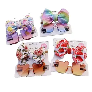 Óculos de sol anti-uv bonito dos desenhos animados flor 2 pçs/set crianças foto adereços nó hairband conjunto acessórios cantado menina e arco presente bebê meninas