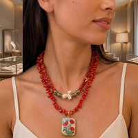 Collier de perles de corail rouge plaqué or avec pendentif breloque perle, bijoux superposés vintage pour cadeau ou fête