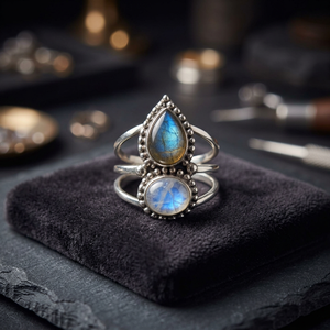 Rainbow Moonstone Labradorite 925 Sterling Silver Handmade Women's Ring Water Drop Boho December Birthstone Jewelry Navya Craft - Product Image 3