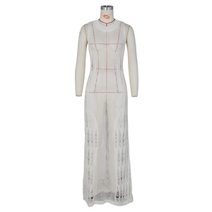 ZHEZHE Hollow Out Mesh Kleid im europäischen amerikanischen Stil Sand Beach Vacation Sexy langer Rock Gestricktes geteiltes Sommerkleid - Product Image 6