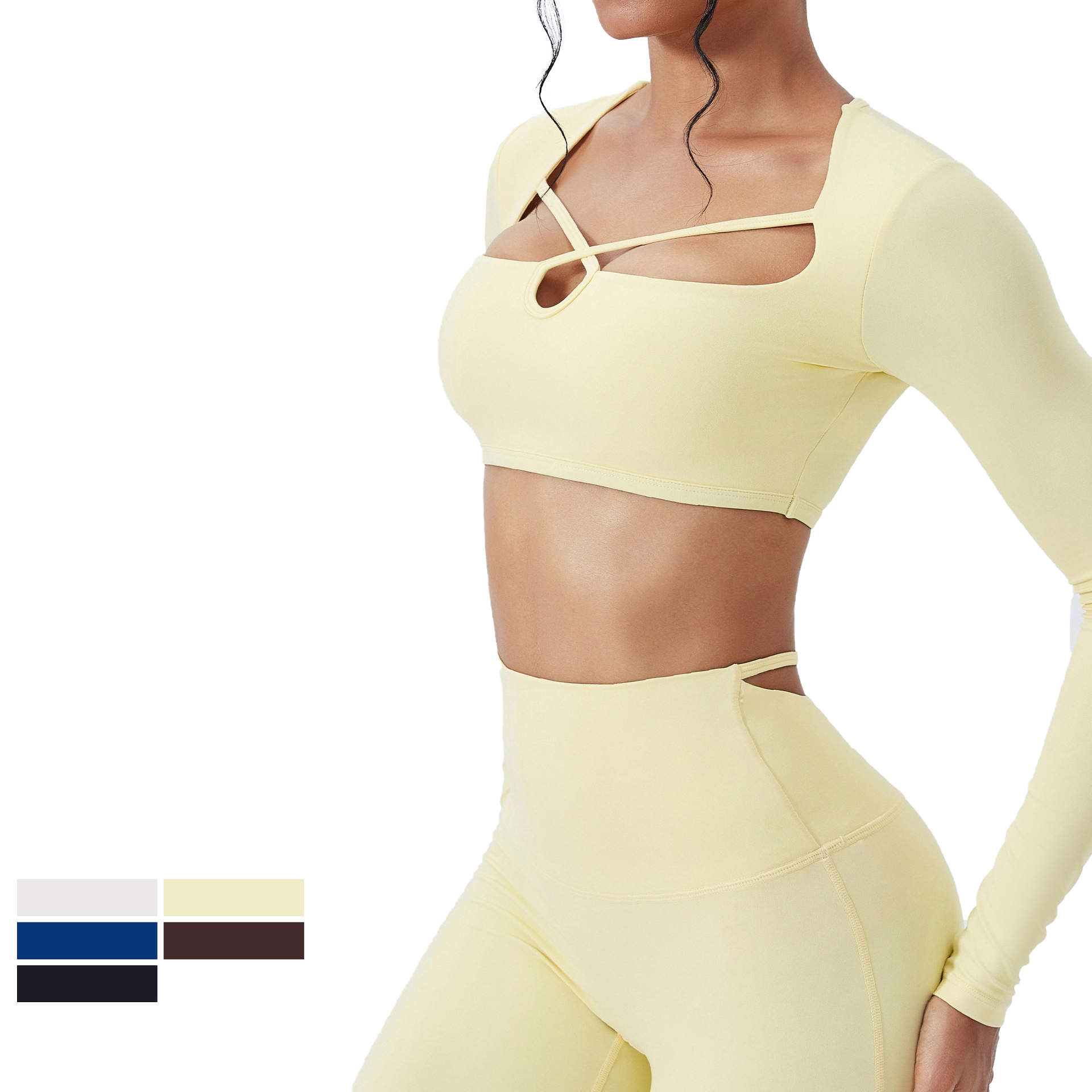 Square Neck Hollow Out Long Sleeve Yoga Top Women Quick Dry Training Running Fitness Sports Yoga Top
