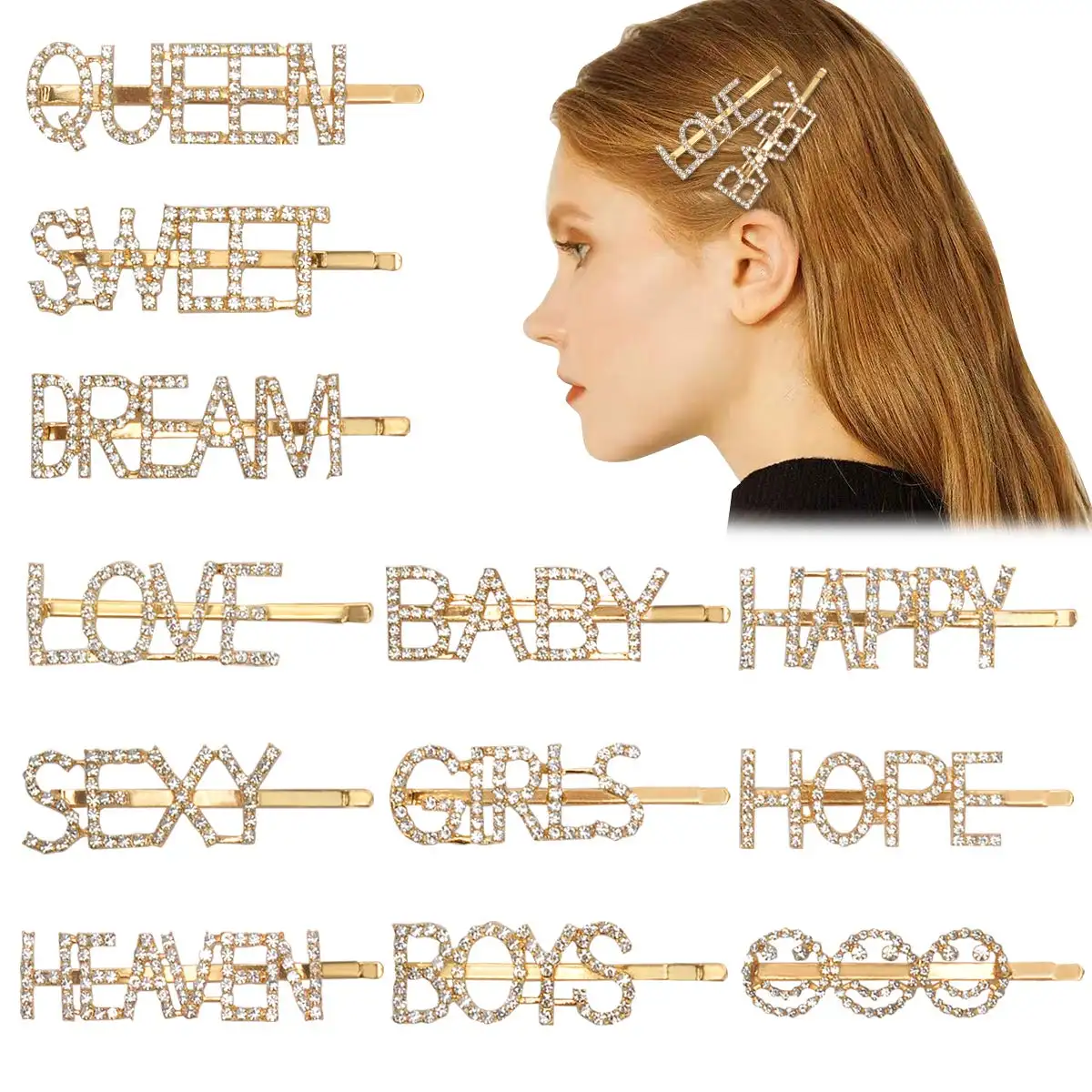 नि: शुल्क कस्टम सोने मिश्र धातु बाल क्लिप के लिए sparkly स्फटिक पत्र बॉबी बाल पिन हीरा बाल क्लिप लड़कियों