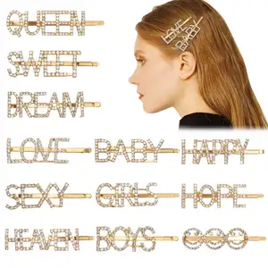 Free custom gold alloy hair clips sparkly rhinestone letter bobby hair pins diamond hair clips for girls