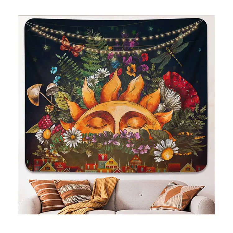 Boho Burning Sun Tapestry Hippie Wall Hanging Botanical Vintage Colorful Wall Art