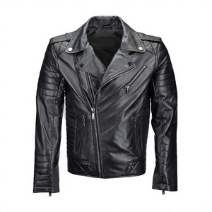 Premium Quality Men's Genuine Leather <b>Biker</b> <b>Jacket</b> Customized Color Ribbed Stand Collar High Street Stylish Outerwear Single - Product Image 1