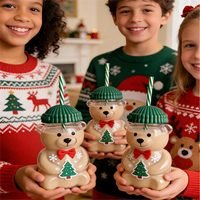 Vente en gros : Tasse en verre borosilicate sans BPA, anti-fuite, avec couvercle à paille, motif ours en peluche, pour café et lait, cadeau de Noël
