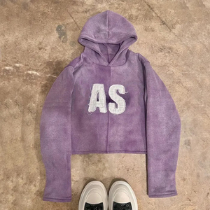 Sweat à capuche unisexe vintage délavé à l'acide en coton French Terry, coupe courte, style streetwear, avec appliqué brodé et patchs usés, pour homme - Product Image 5