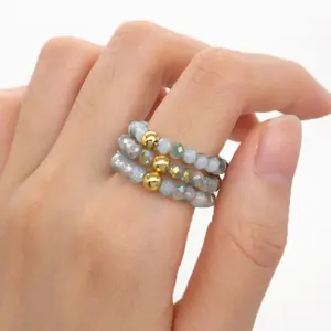 Herstellung Großhandel hand gefertigte benutzer definierte vergoldete Perlen Fingerring Schmuck Glas Kristall funkelnde Perlen elastischen Ring für Frauen