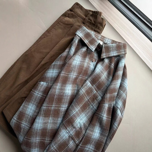 Camisa de Manga Larga Informal y Holgada para <span class=keywords><strong>Mujer</strong></span>, Estilo Americano Retro, de Algodón Cepillado, con <span class=keywords><strong>Cuello</strong></span> a Cuadros Azul Marrón, Nueva Colección Otoño Invierno, con Bolsillo - Product Image 1