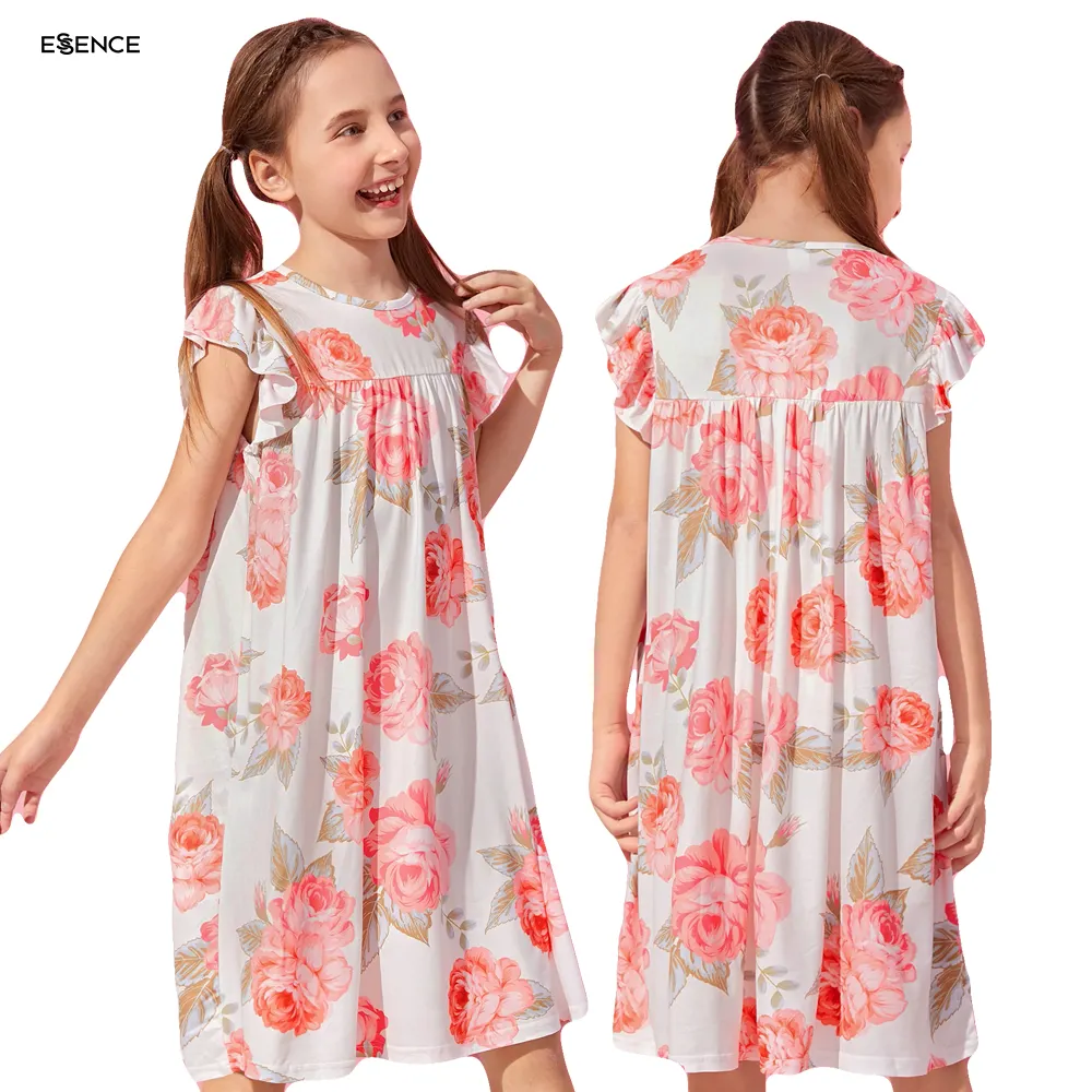 캐주얼 핑크 꽃 멋진 드레스 여름 프릴 슬리브 코튼 수면 드레스