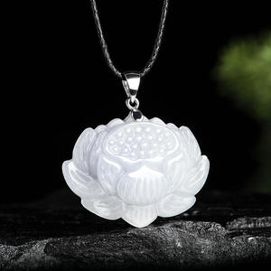 Pendentif en jade naturel de Birmanie en forme de fleur de lotus, argent S925, bijoux pour femmes, style chinois, cadeau avec certificat d'évaluation HJ12 - Product Image 1