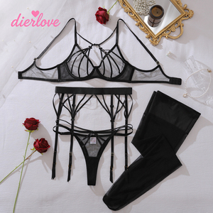 Ensemble de <span class=keywords><strong>lingerie</strong></span> sexy Dierlove noir à bretelles géométriques en maille avec porte-jarretelles et string, sous-vêtements intimes pour femmes - Product Image 4