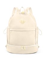 Sac à dos de sport beige léger en polyester avec cordon de serrage, compartiment à chaussures et poche humide pour voyage et école