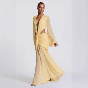 Robe longue sexy unie à col en V profond et découpes, pour femme, à manches longues, plissée, transparente en mousseline, Robe de soirée et de vacances 2026 3565 - Product Image 1