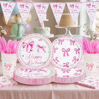 Ensemble de vaisselle jetable en papier rose sur le thème du nœud rose, écologique, parfait pour les célébrations d'anniversaire, vente en gros