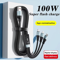 Câble de charge super rapide 3-en-1 100W 120W avec affichage numérique pour iPhone 17 Huawei Android USB Type-C, câble en nylon