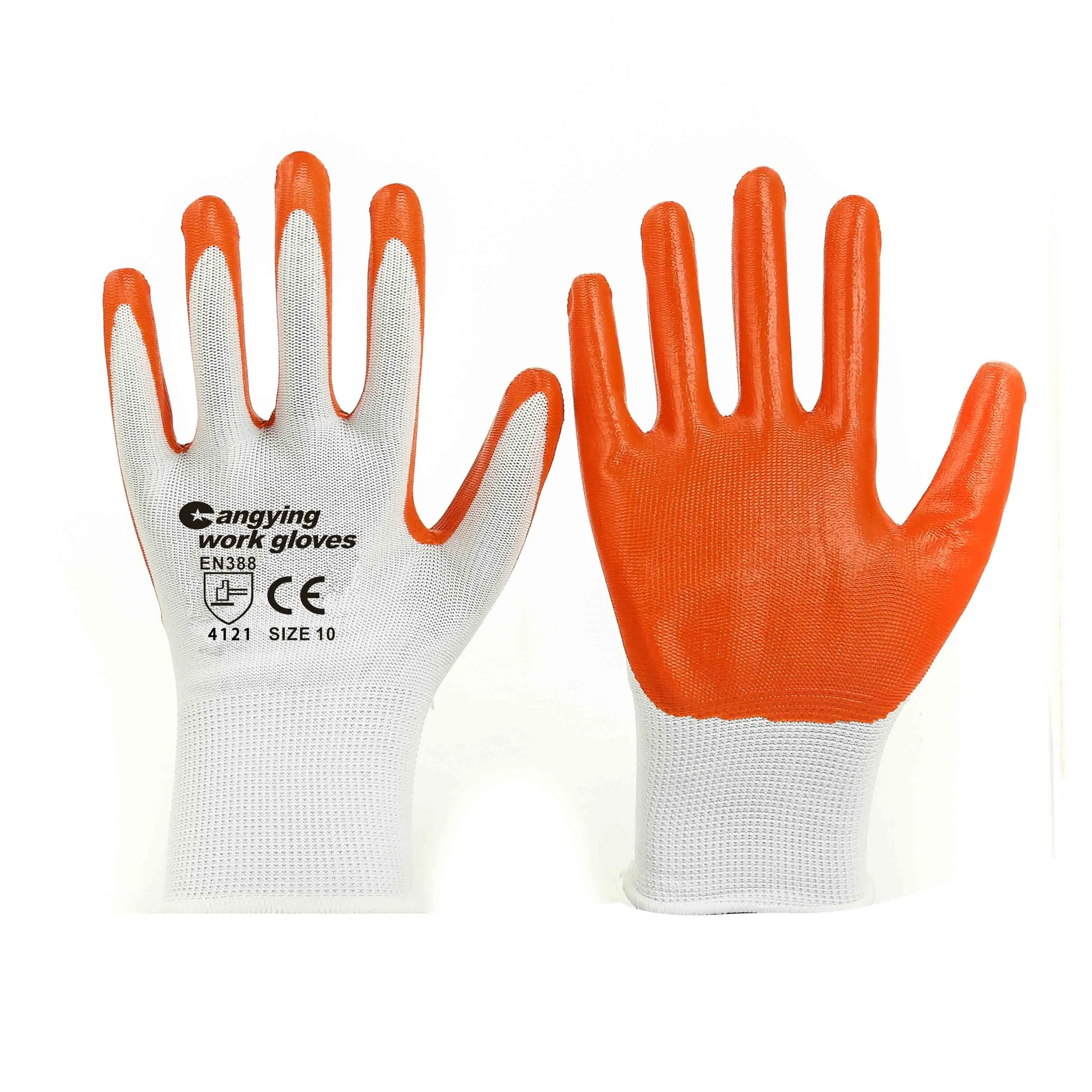 13 Gauge Polyester Strick handschuhe guter Griff orange Nitril handschuhe Gartenarbeit en388 Handschuhe arbeiten