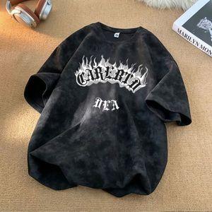 Camiseta Oversize Negra Tie-Dye para Hombre, Manga Corta, Cuello Redondo, Estilo Urbano, Algodón Jersey, Diseño con Letras Estampadas en la Parte Delantera - Product Image 1