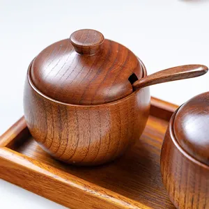 وعاء ملح خشبي بغطاء من الخشب الصلب ، خزان توابل المطبخ ، صحن فلفل مع ملعقة برطمانات توابل - Product Image 3