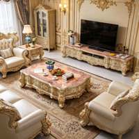 Ensemble de meubles de salon de luxe européen avec table basse et meuble TV en marbre, sculpté à la main en bois massif, finition dorée, vente en gros