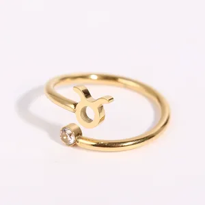Diseño de acero inoxidable de moda 12 signos de horóscopo anillo ajustable abierto Birthstone Color circón anillo para la <span class=keywords><strong>suerte</strong></span> - Product Image 1