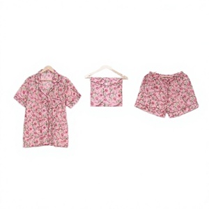 Nouvel ensemble de pyjama court unisexe en coton tendance, col en V, motif floral, respirant, vêtements de plage cerise pour hommes et femmes, printemps-été, tenue de mariée - Product Image 1