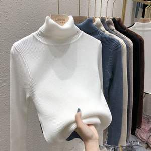 Automne hiver décontracté à manches longues col roulé couleur unie tricoté pull mince élégant Anti-rides respirant bas chandails - Product Image 1