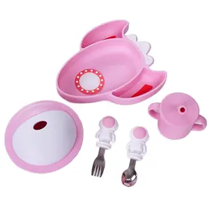 100% BPA Free Silicone Handle Kitchen Talheres Set Baby Bowl Plate Spoon Crianças Silicone Talheres Terno Para Crianças