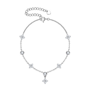 Fine Four Leaf <b>Clover</b> 925 Sterling Silver Chain Link <b>Bracelet</b> with Bezel Set Moissanite Ladies Handmade Customer Jewelry - Product Image 5