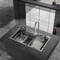 Évier de cuisine intelligent côté gauche, multifonctionnel, à cuve unique, surface polie, design moderne, robinet, évier en acier inoxydable 304