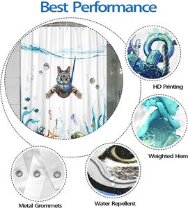 Rideaux de <span class=keywords><strong>douche</strong></span> personnalisés avec <span class=keywords><strong>photo</strong></span> 3D Fowocu, chat amusant, poisson, avec crochets, tissu imperméable bleu océan, <span class=keywords><strong>rideau</strong></span> de salle de bain/ - Product Image 6