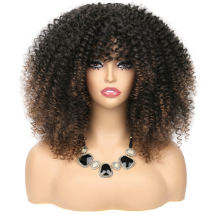 Nouvelle arrivée 16 pouces Afro Kinky Curly Perruque avec Bangs pour les femmes noires Glueless Full and Fluffy Bomb Long Curly Hair Perruques - Product Image 1