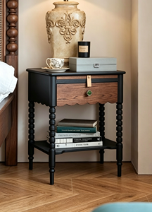 Table de chevet en bois massif de qualité supérieure, style vintage français, deux tons, pieds à tiges, 1 tiroir avec étagère, meuble de chambre à coucher, table de chevet stable - Product Image 3