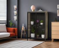 Armoire de rangement contemporaine à 2 portes en verre avec 2 étagères réglables en acier inoxydable pour la décoration intérieure Rangement des fleurs en pot