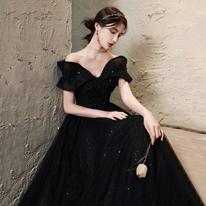 Off The Shoulder Black Evening Gown Empire Waist Ball Gown Organza Long Dress For Banquets Runway Events - Product Image 4