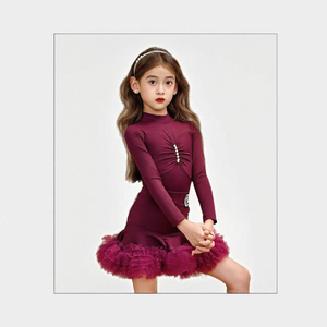 Traje de Baile Latino para Niñas, Vestido de Manga Larga con Falda de Terciopelo de Poliéster, Disfraz para Samba, Rumba, Jazz, Cha Cha - Product Image 3