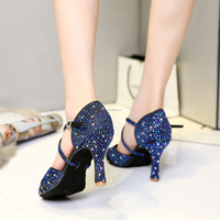 Summer New Blue Shiny Starry Sky Diamond Design Soft-Sole Latin Dance Shoes Fabriqué pour Cha-Cha Salsa Bachata