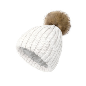 Custom Label Silk Satin Lined Lining Inside Ribbed Embroidered Knitted <strong>Beanie</strong> Hat With <strong>Pom</strong> <strong>Pom</strong> Winter Knitted Hats <strong>Beanie</strong> Hat - Product Image 4