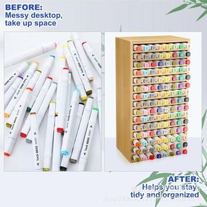 Caja de almacenamiento para marcadores de bambú, soporte para bolígrafos en ángulo de 3 capas, organizador de papelería de escritorio, estante de madera multiusos - Product Image 4