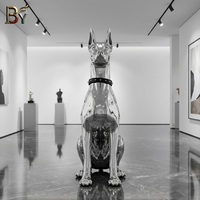 Sculpture d'art miroir électroplaqué Dobermann en acier inoxydable, chien de garde assis, pour entrée de villa