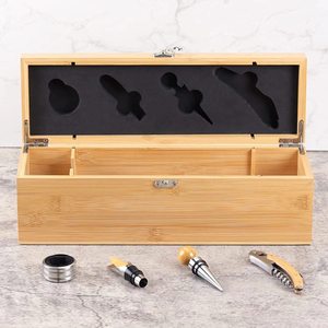 Coffret cadeau en bambou pour vin avec tire-bouchon 4 en 1, étui de rangement en bois pour accessoires de bouteille de vin rouge, 36x11x12cm - Product Image 1
