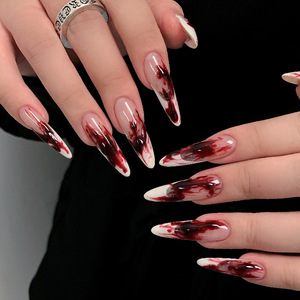 Faux ongles à presser extra longs, style stiletto, motif <span class=keywords><strong>tache</strong></span> de sang, French manucure gothique, réutilisables, amovibles, en acrylique, pour Halloween - Product Image 1