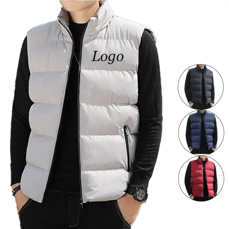 Gilet souple épaissi pour hommes avec logo personnalisé Sports de plein air chaud col montant poche zippée veste d'hiver gilet pour hommes