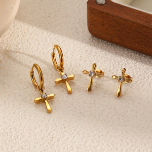 ต่างหูรูปกากบาท ชุบทอง สแตนเลสสตีล ทรงกลม ประดับเพชร สำหรับผู้หญิง สวมใส่ได้ทุกวัน ดีไซน์ทรงเรขาคณิต TE60317 - Product Image 3