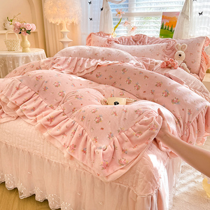 Bộ ga trải giường nhung sữa in họa tiết Hàn Quốc hoàn toàn mờ, gồm bốn món: ga trải giường, vỏ gối, vỏ chăn - Product Image 1