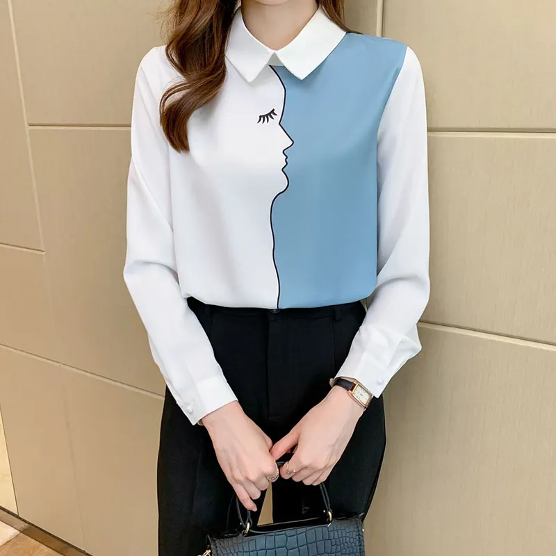 Women Top Fashionable Turn Down Collar Two Tone Chiffon Bluose Ladies Chic Contrast Color Streetwear Daily Pullover Shirts