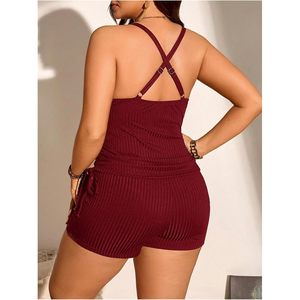 FOXA Women's 2 Piece <b>Plus</b> <b>Size</b> <b>Tankini</b> Set Ribbed Knit Halter High Waisted Shorts Bathing Suit - Product Image 2
