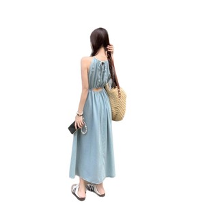 Halter Neck Long <b>Dress</b> Women's <b>Elastic</b> Waist Solid Color Casual Summer <b>Dress</b> Light Blue Polyester Fabric Leisure Wear - Product Image 5