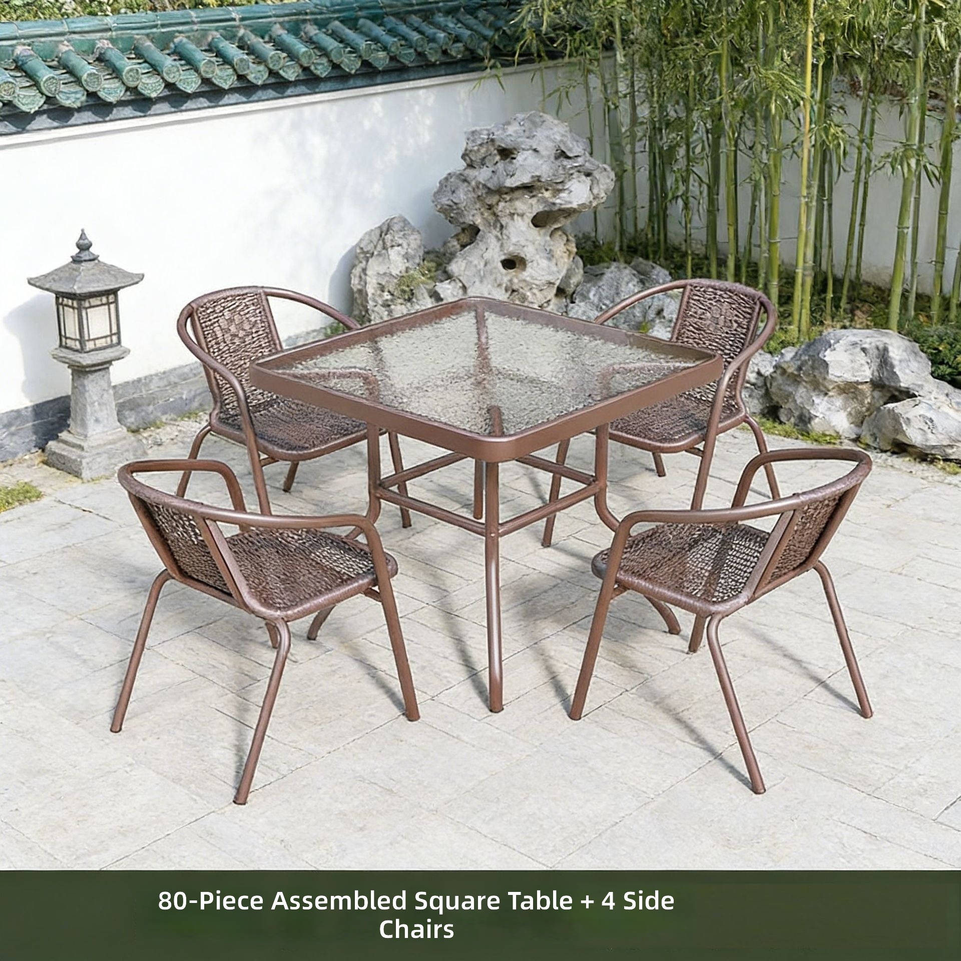 Table carrée assemblée de 80 cm avec 4 chaises expresso
