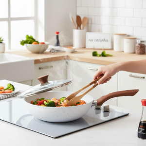 <b>Ceramic</b> Non-Stick Wok 28cm With Glass Lid Wooden Handles For Gas And Induction Cookers - Product Image 4